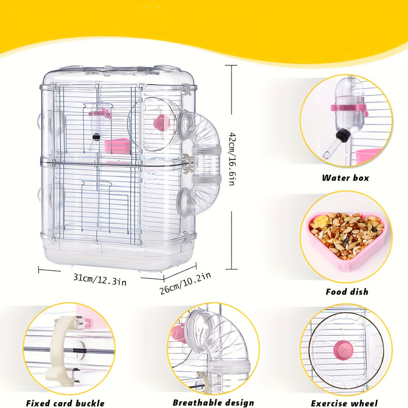 Gaiola de plástico para hamster de dois andares com acessórios - Grande habitat para pequenos roedores com tigela de comida, garrafa de água e roda de exercícios incluídos