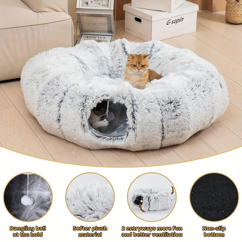 Túnel para Gatos com Ninho e Almofada de Pelúcia para Sono Profundo