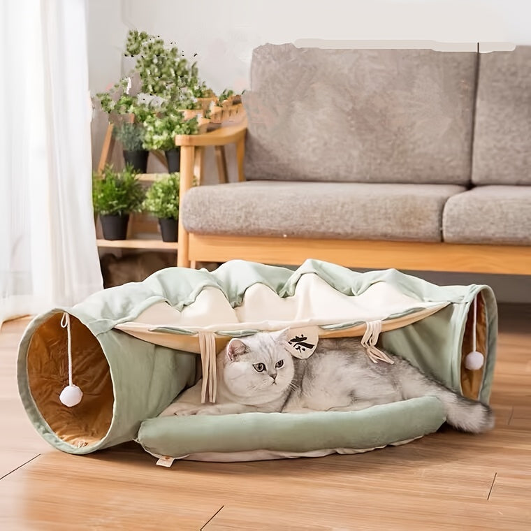 Túnel Interativo para Gatos e Pets pequenos com Cama Dobrável e Brinquedo