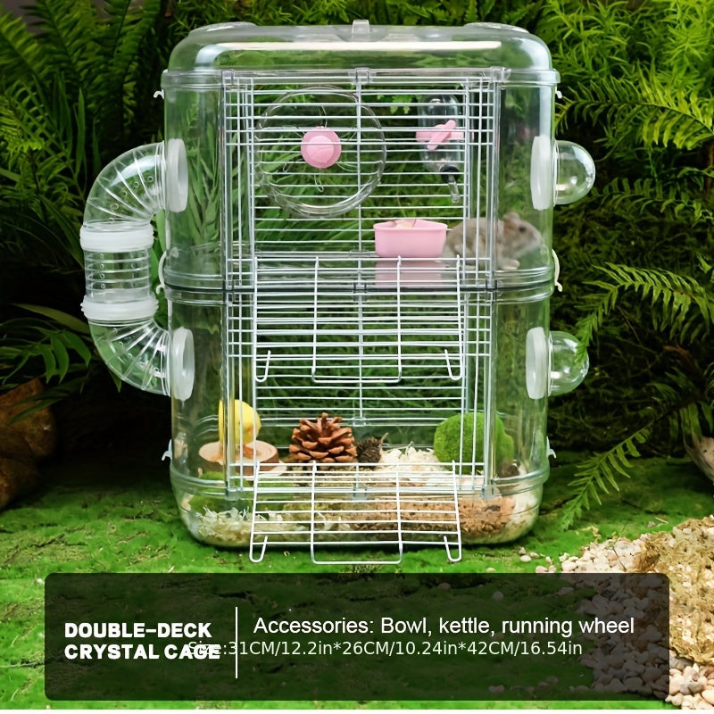 Gaiola de plástico para hamster de dois andares com acessórios - Grande habitat para pequenos roedores com tigela de comida, garrafa de água e roda de exercícios incluídos