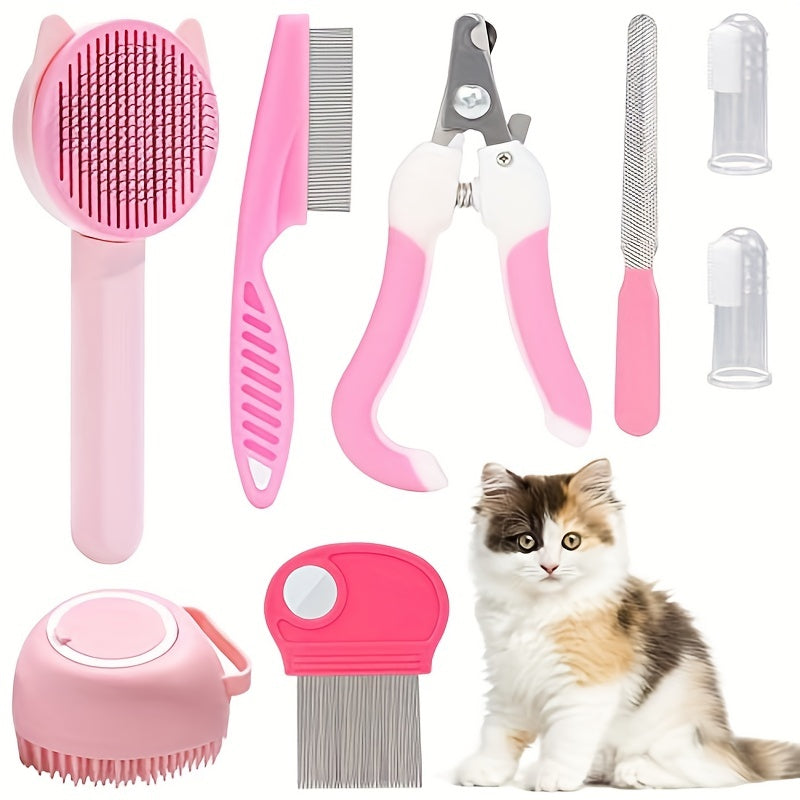 Kit de Cuidados 5 em 1 para Gatos e Cães - Escova Auto-Limpante, Cortador de Unhas, Pente, Escova de Queda de Pelos e Escova de Dentes