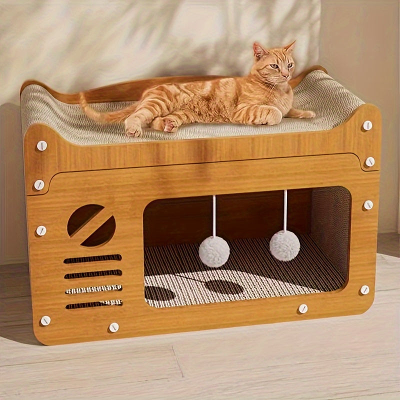 Cabana Confortável para Gatos com Placa de Arranhar - Estilo de Cabana em Papel Kraft, Fácil Montagem e Sem Necessidade de Eletricidade