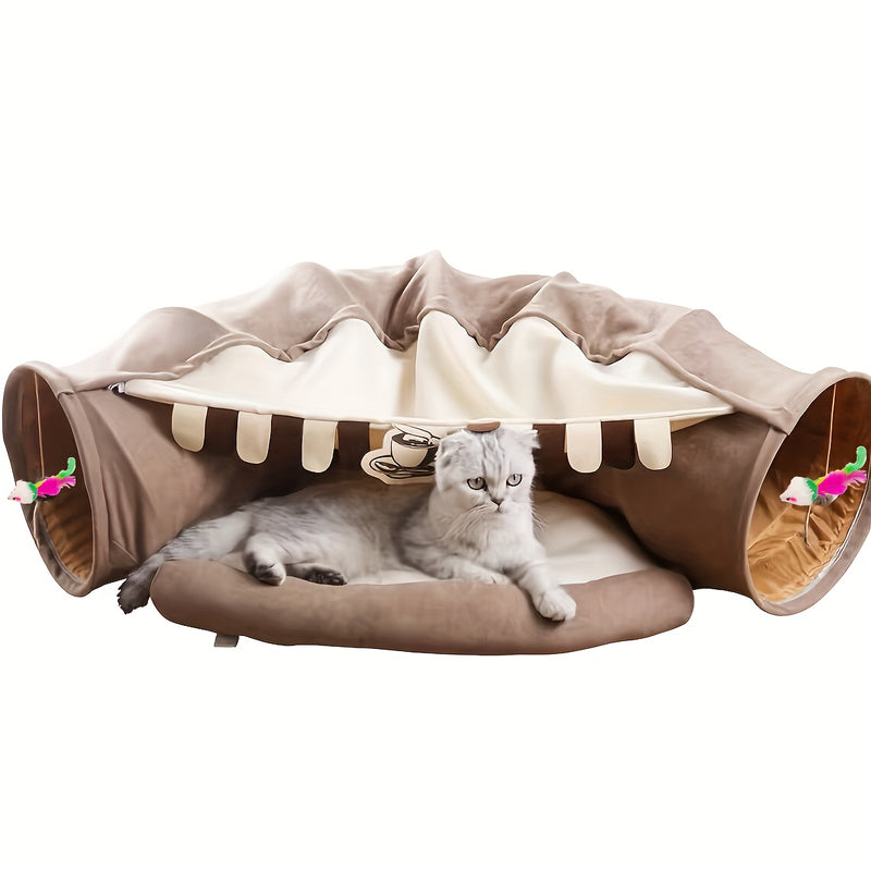 Túnel Interativo para Gatos e Pets pequenos com Cama Dobrável e Brinquedo