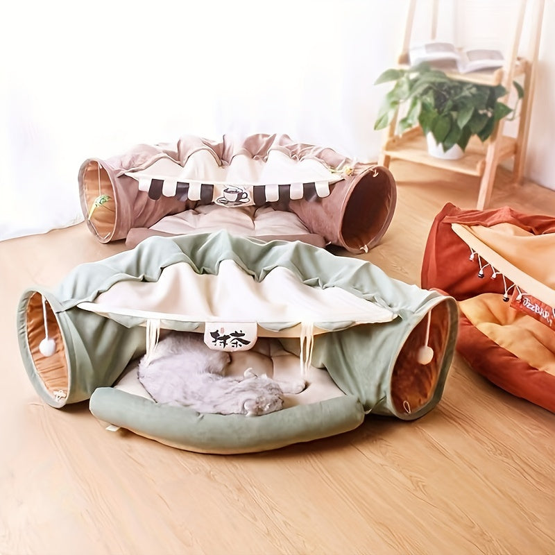 Túnel Interativo para Gatos e Pets pequenos com Cama Dobrável e Brinquedo