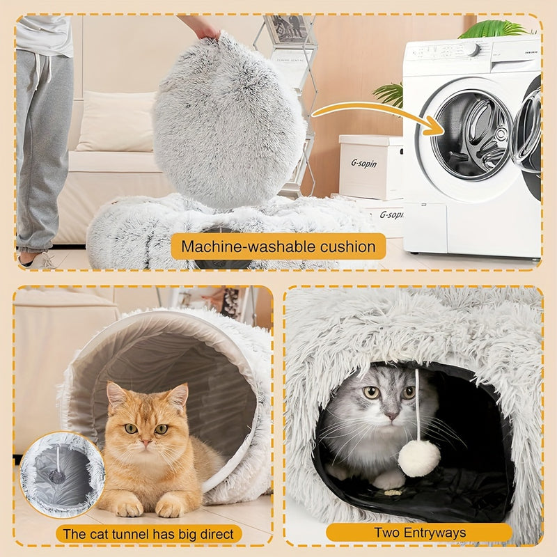 Túnel para Gatos com Ninho e Almofada de Pelúcia para Sono Profundo